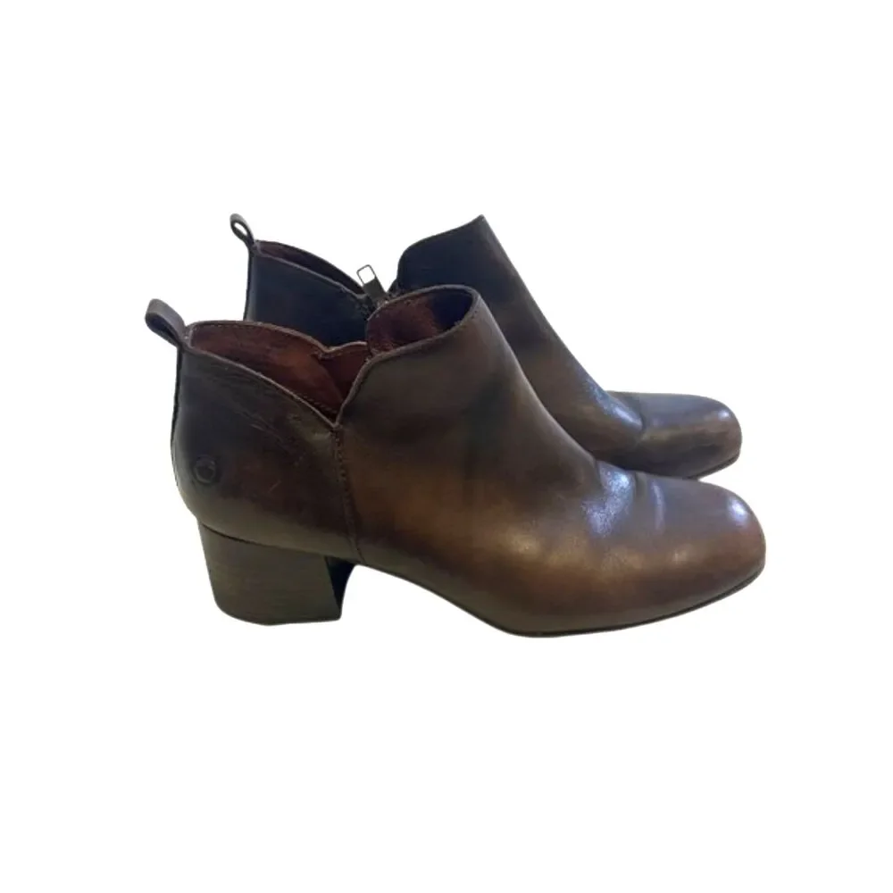 Born Aneto Leather Ankle Booties Womens 7M Block Heel Side Zip Cognac Brown